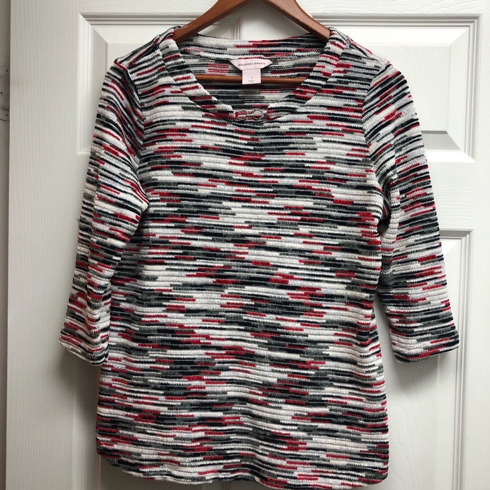 Allison Daley Small Black White and Red Patterned Knit Top